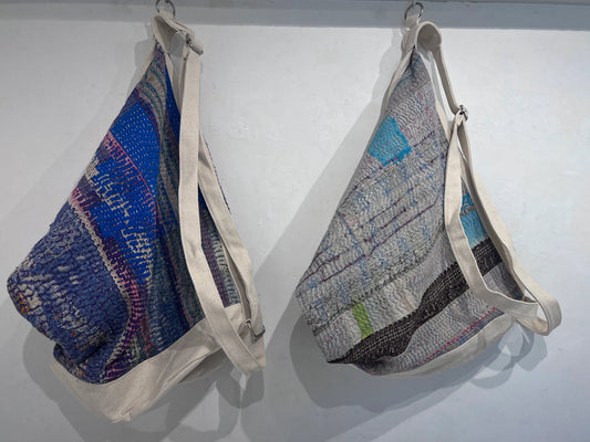 Patchwork sling bag crafted with traditional Kantha embroidery technique