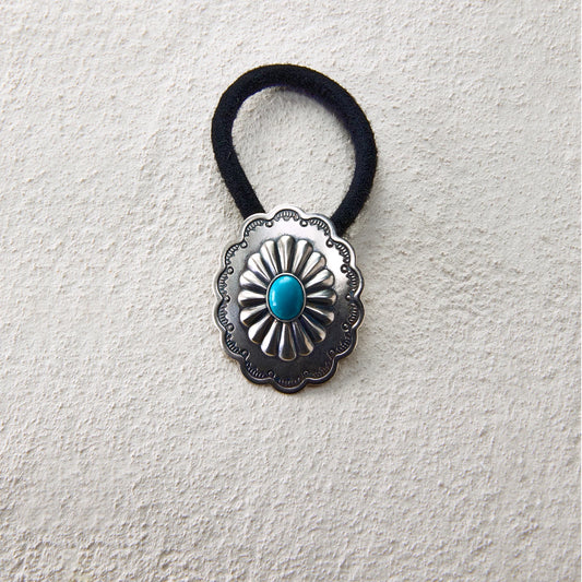 Large-size hair tie with engraved totem pattern and turquoise centerpiece