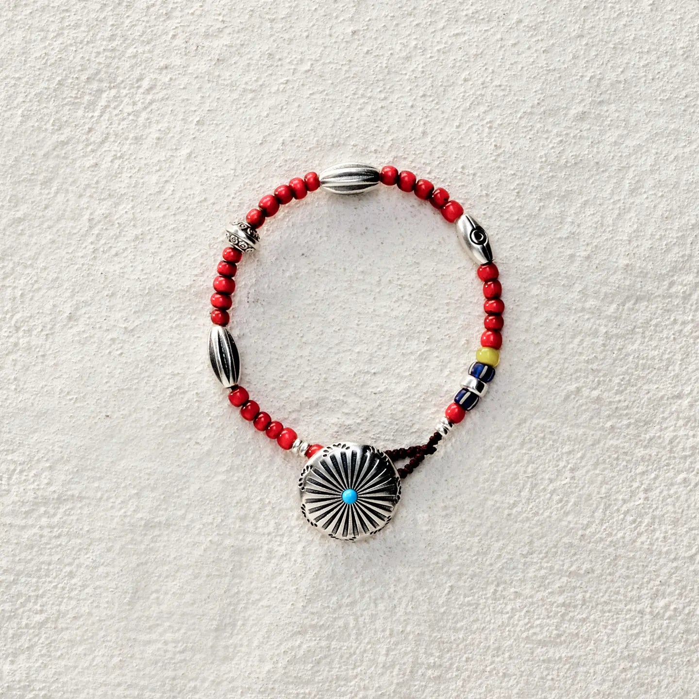 ensage-tokyo-sun-spirit-bracelet-925-sterling-silver-red-glass-beads-turquoise-solar-pendant