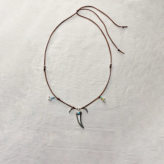 ensage-tokyo-fang-of-the-wild-necklace-large-925-sterling-silver-fang-pendant-turquoise-inlay-beaded-leather-cord