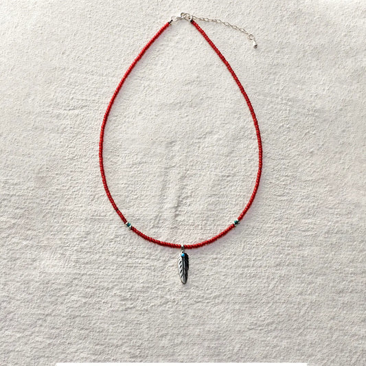 ensage-tokyo-feather-of-windflight-necklace-red-glass-beads-925-sterling-silver-feather-pendant-turquoise-inlay