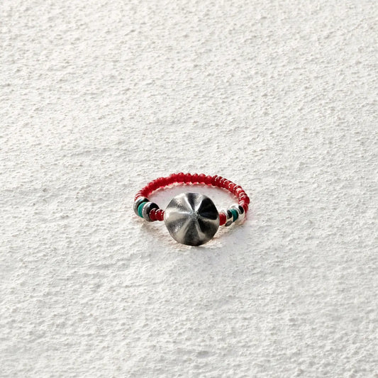 ensage-tokyo-nomads-pulse-ring-925-sterling-silver-red-glass-beads-turquoise-elastic-jewelry
