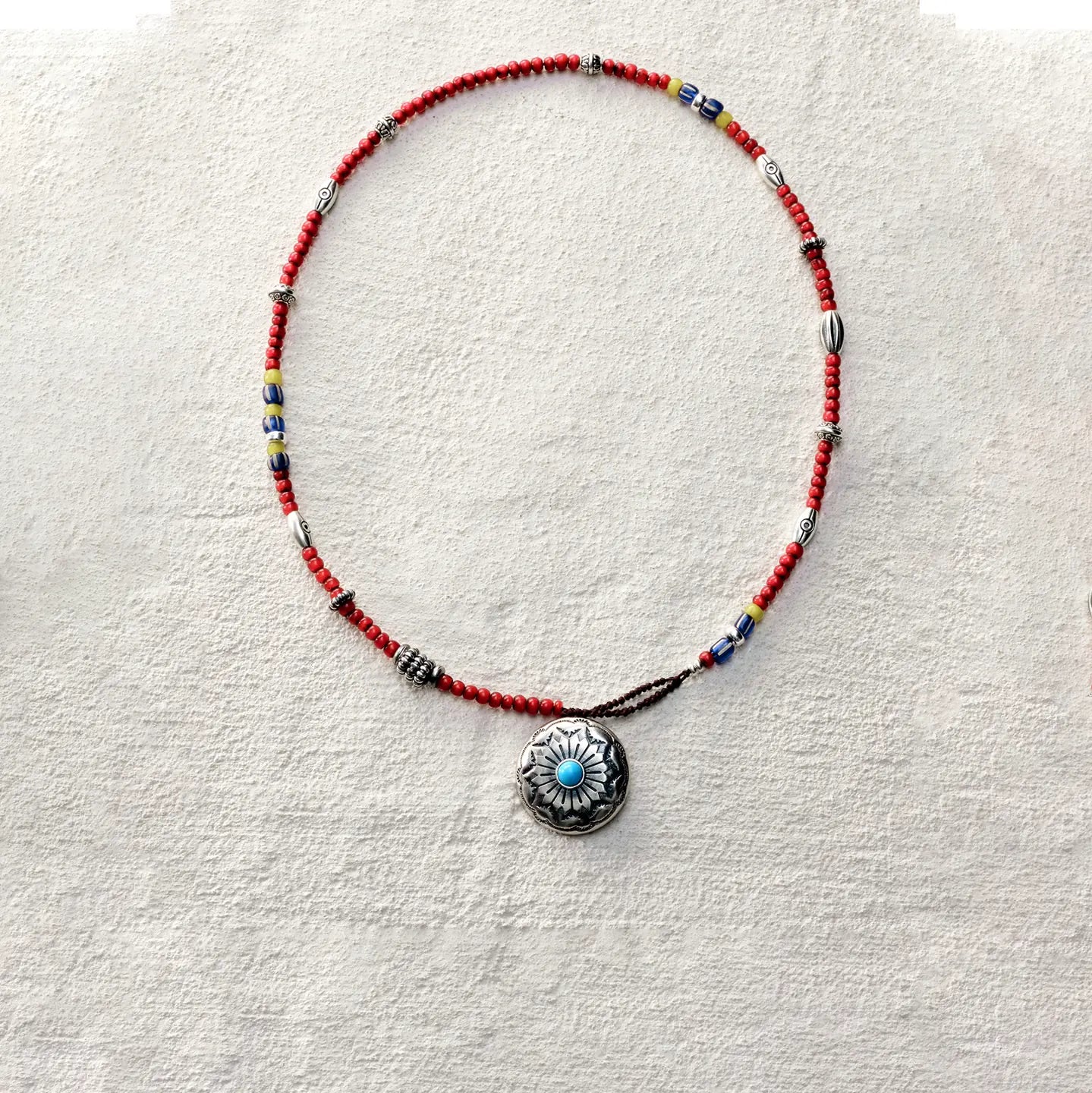 ensage-tokyo-solar-disc-necklace-925-sterling-silver-radial-sun-pendant-turquoise-center-red-beaded-strand