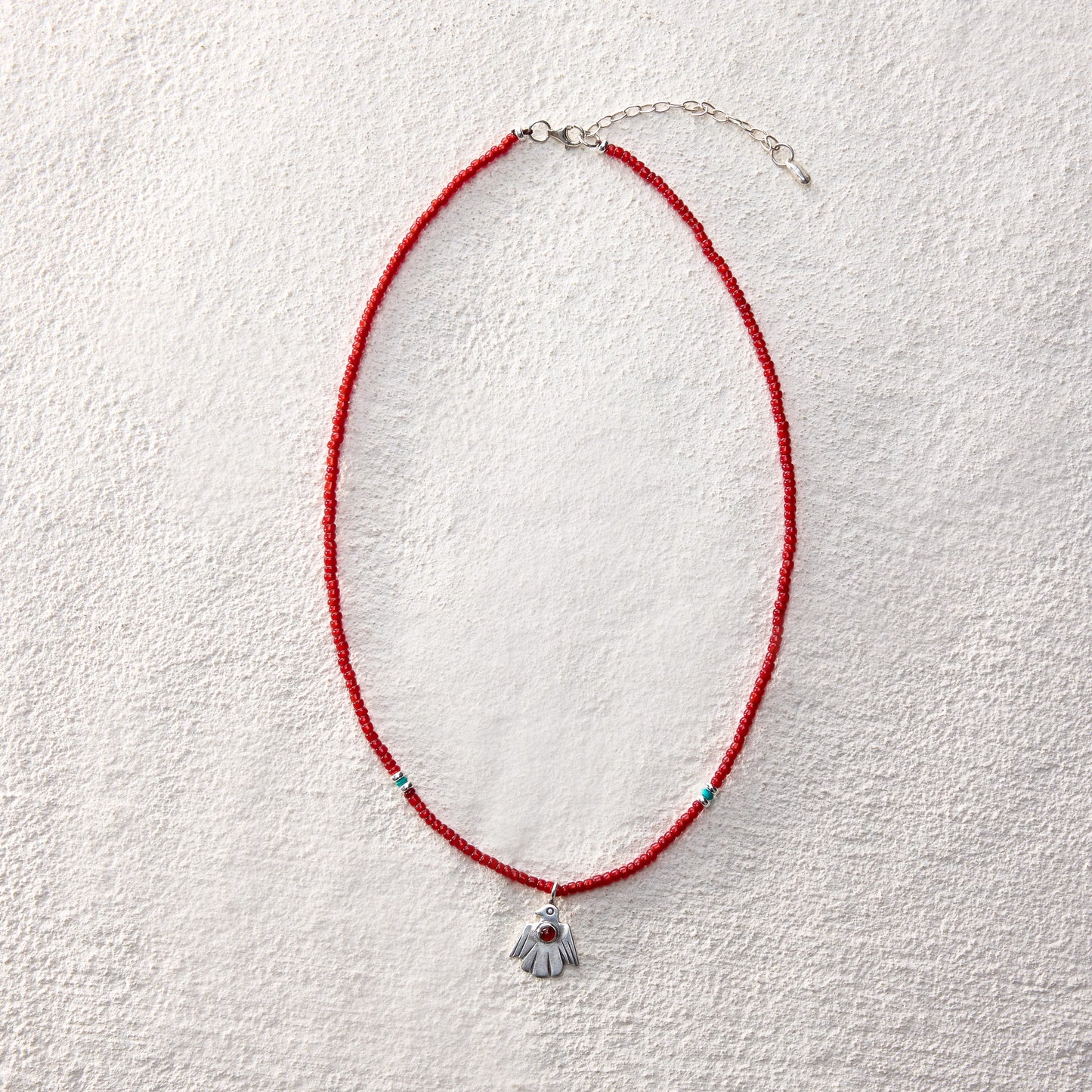 ensage-tokyo-thunderbird-necklace-925-sterling-silver-bird-pendant-red-agate-inlay-red-glass-beads
