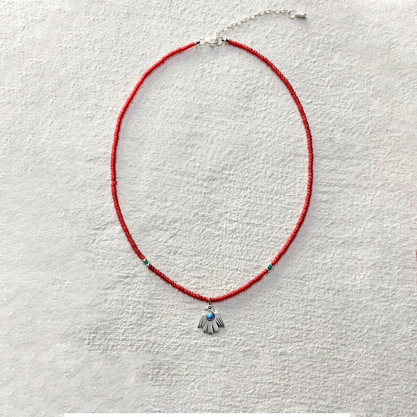 ensage-tokyo-thunderbird-necklace-925-sterling-silver-bird-pendant-red-glass-beads-turquoise-inlay