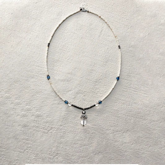 ensage-tokyo-trace-of-the-wind-necklace-loulan-ancient-beads-oxidized-silver-clear-quartz-pendant-blue-accents