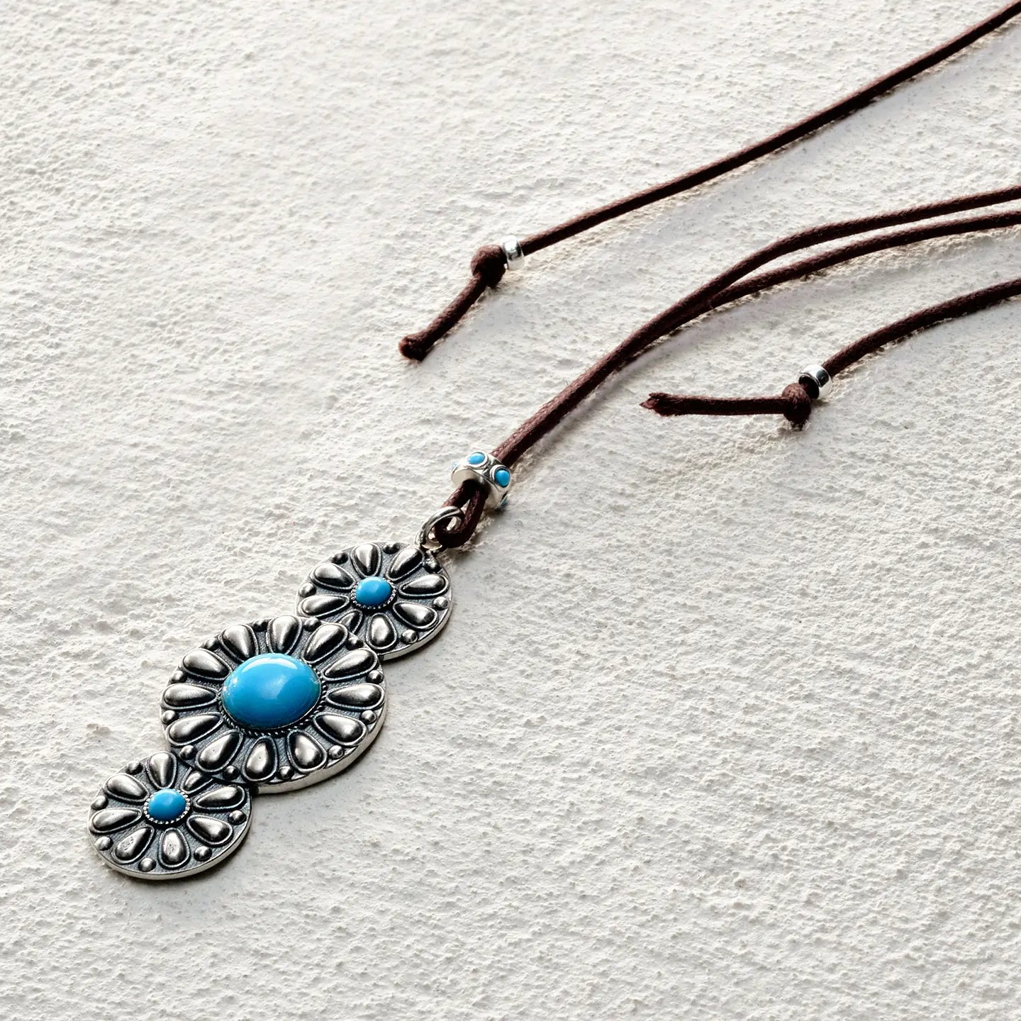 ensage-tokyo-trinity-bloom-necklace-oxidized-925-sterling-silver-triple-sunburst-pendant-turquoise-inlay-black-cord