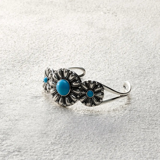 ensage-tokyo-triple-sun-cuff-925-sterling-silver-three-sunflower-motifs-turquoise-inlay