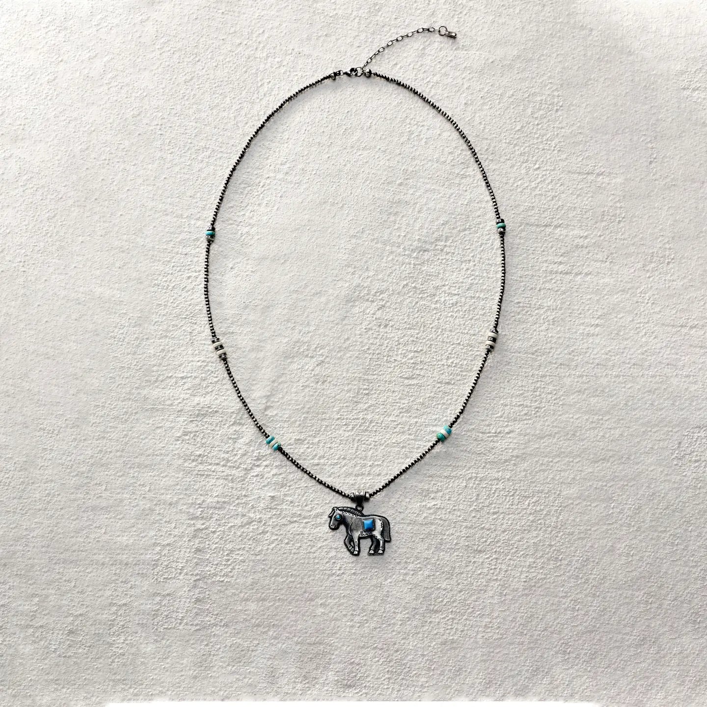 ensage-tokyo-windchaser-necklace-oxidized-925-sterling-silver-horse-pendant-turquoise-white-stone-beads