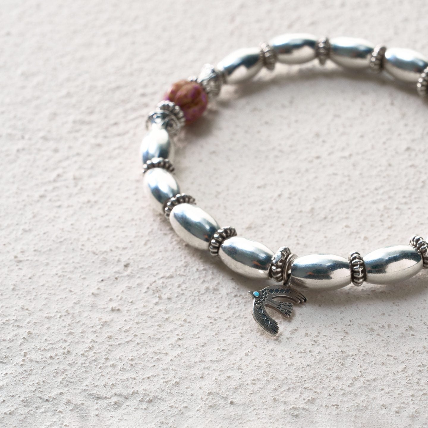 Spirit Feather Silver Bead Bracelet