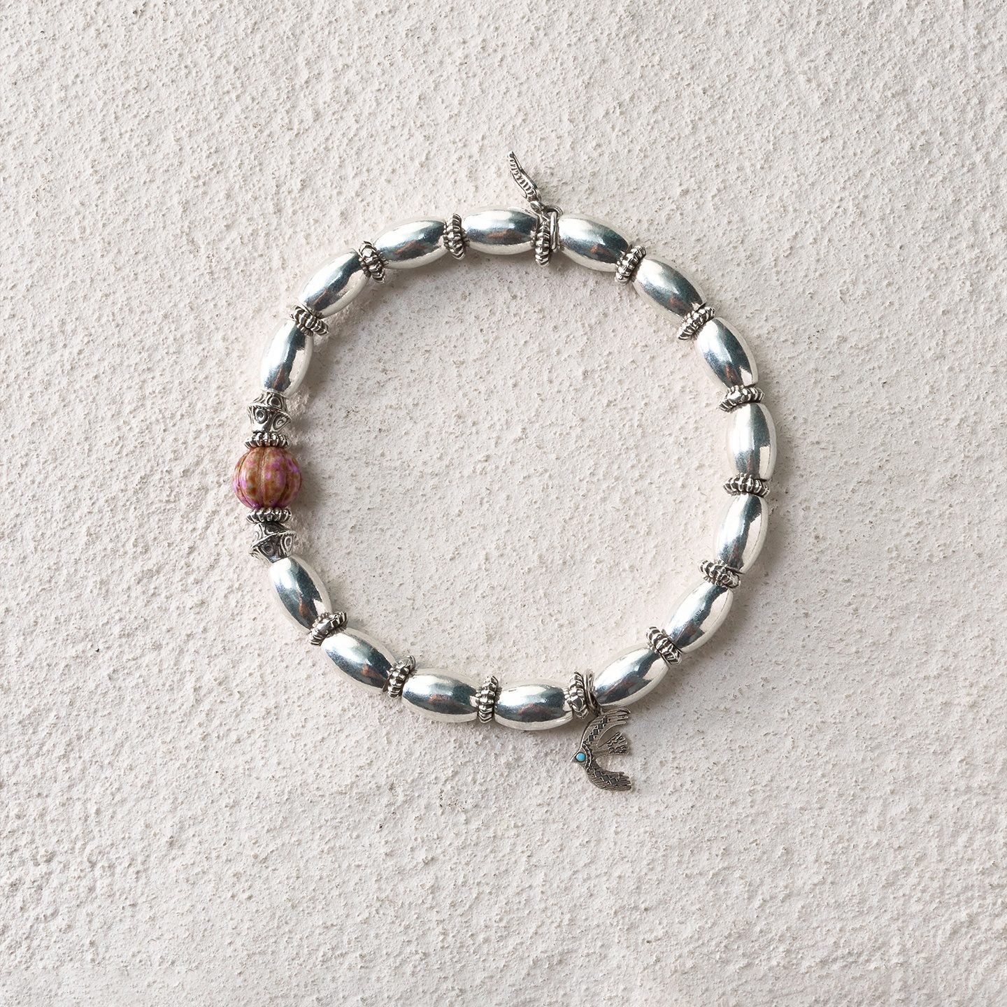 Spirit Feather Silver Bead Bracelet