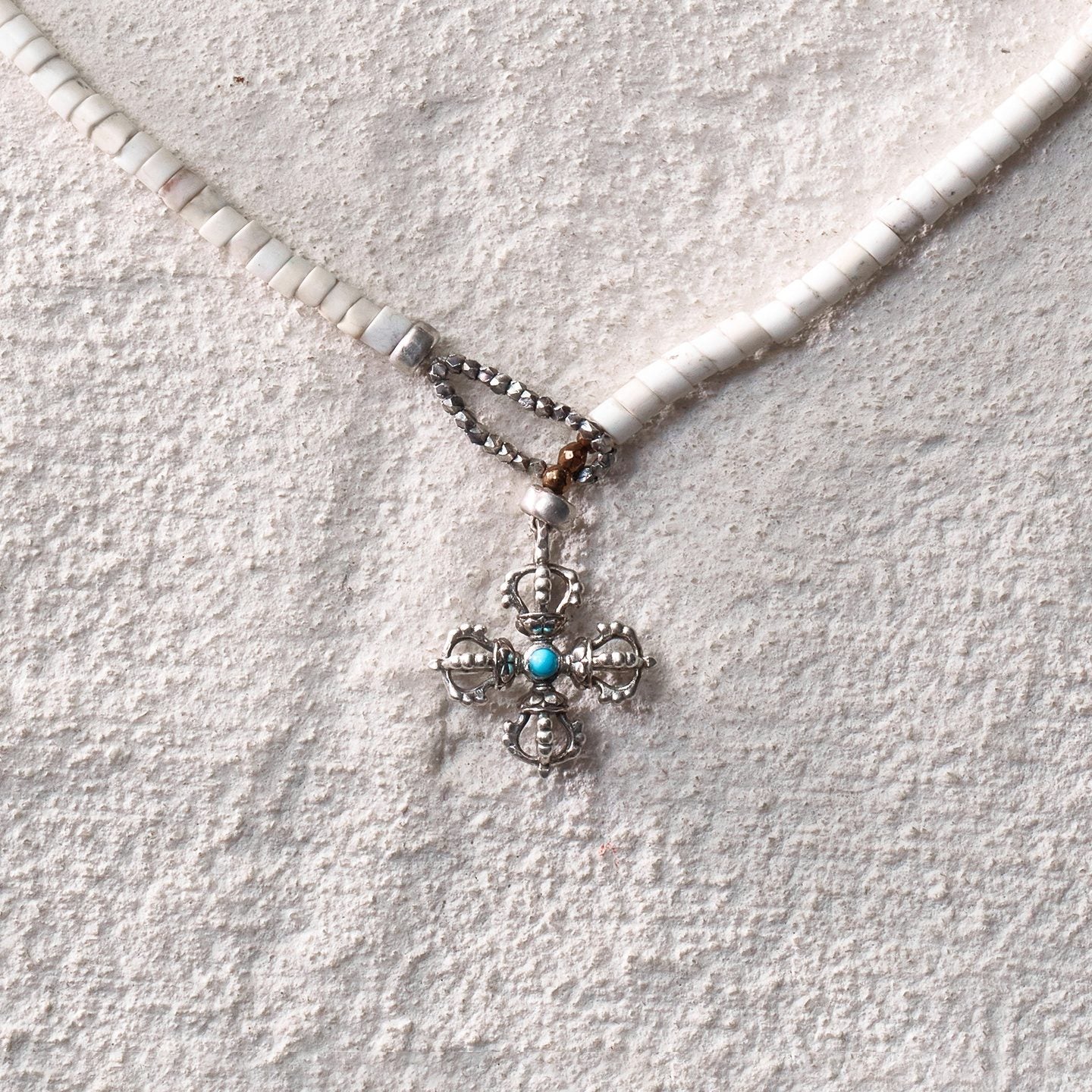 White Turquoise Cross Vajra Necklace