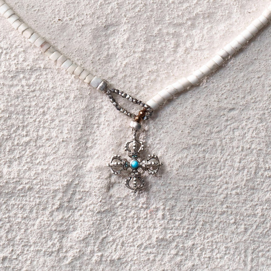 White Turquoise Cross Vajra Necklace