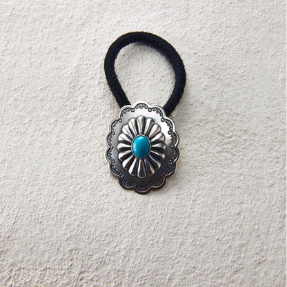 Large-size hair tie with engraved totem pattern and turquoise centerpiece