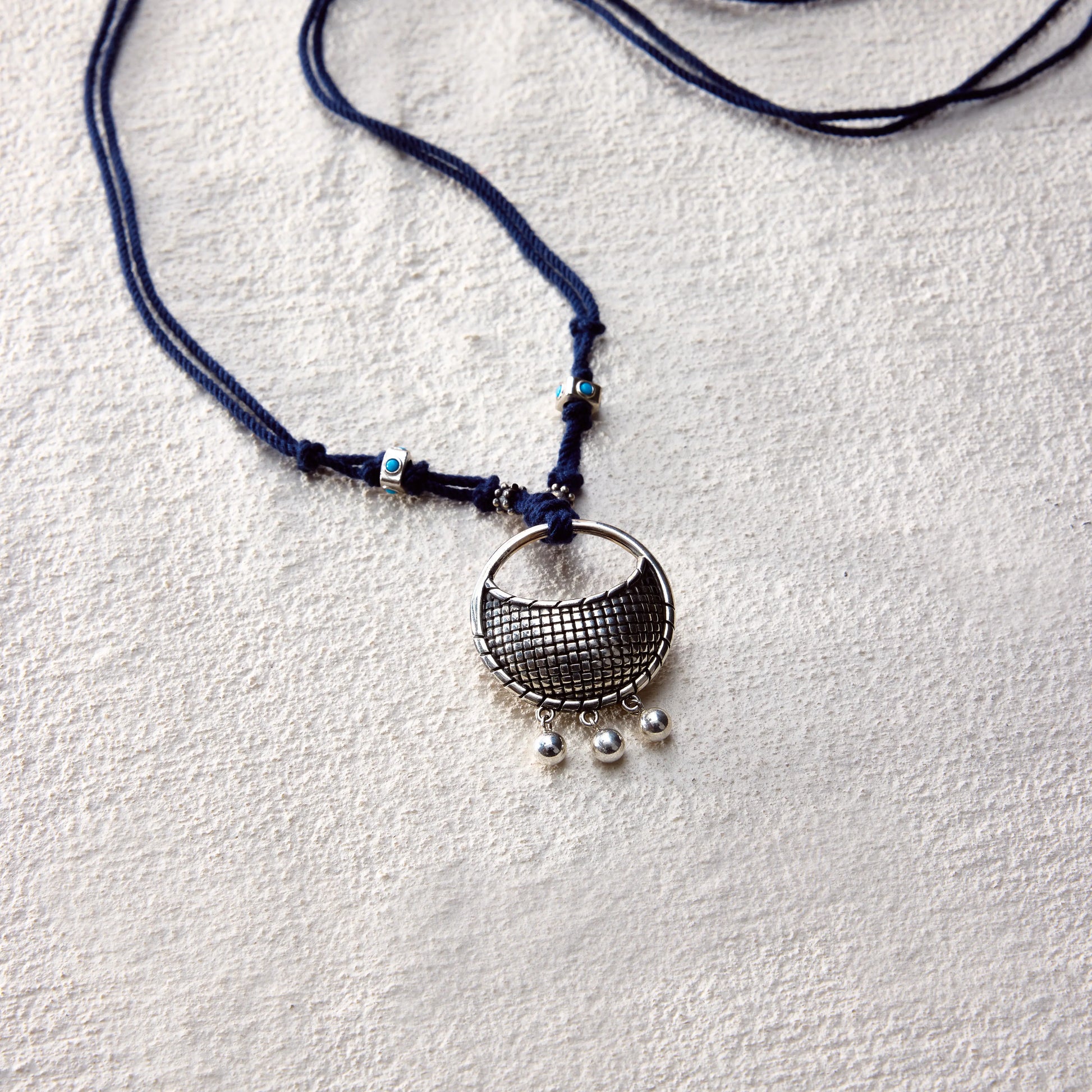 ensage-tokyo-basket-of-air-necklace-925-sterling-silver-semi-circular-woven-basket-pendant-blue-cotton-cord