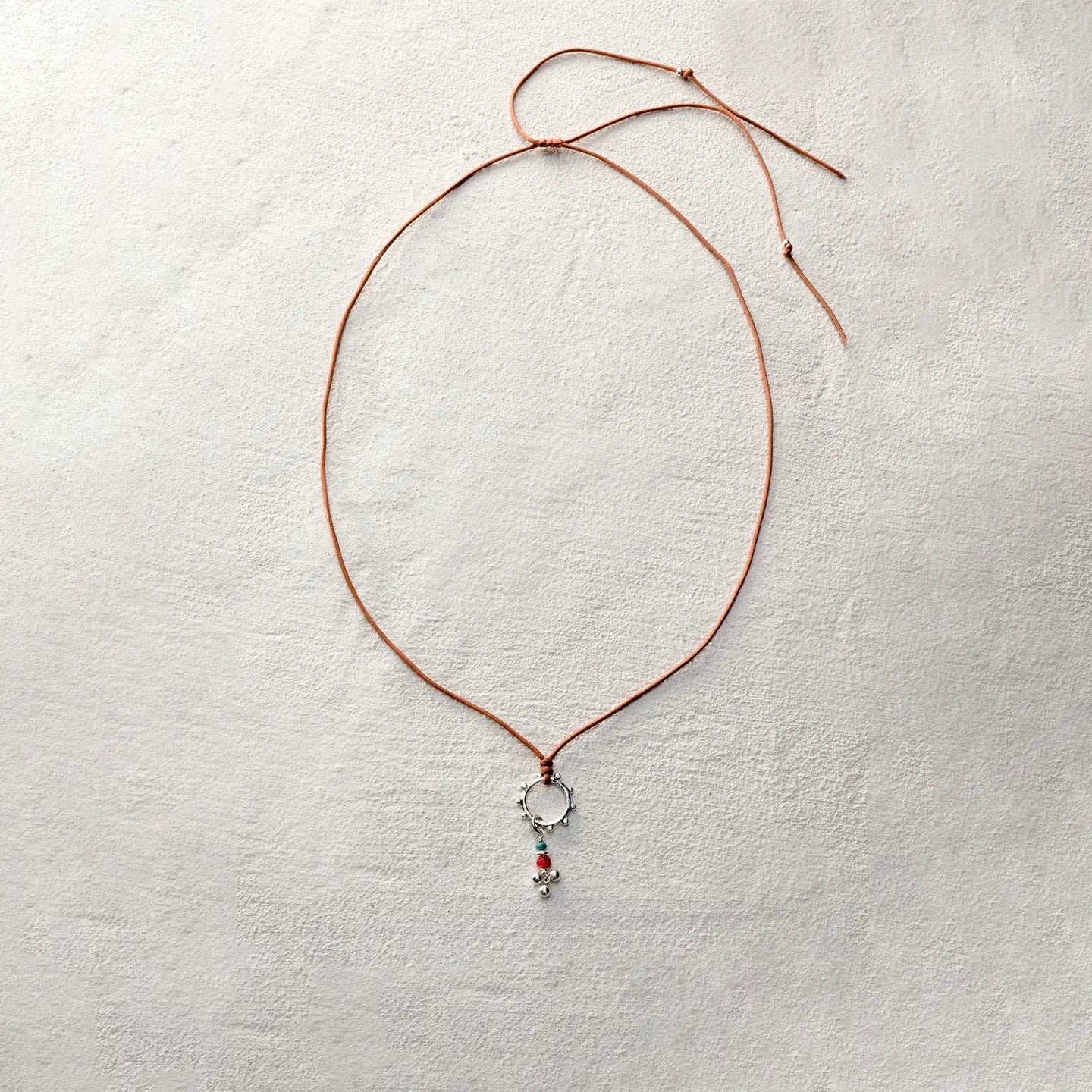 ensage-tokyo-circle-of-the-dreamer-necklace-925-silver-spiked-ring-pendant-turquoise-red-green-beads-wax-cord