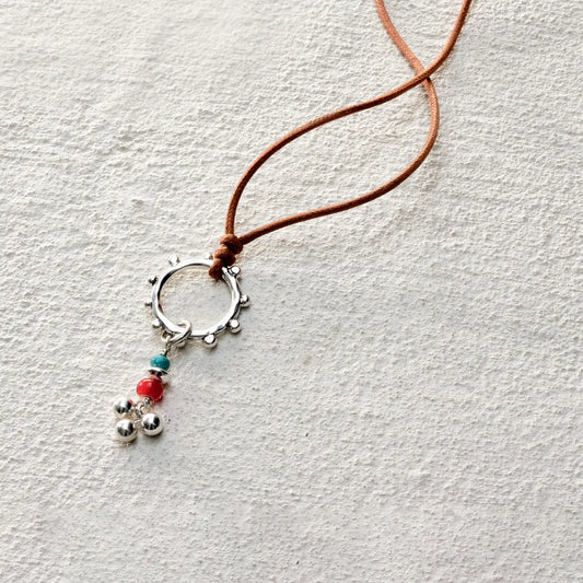 ensage-tokyo-circle-of-the-dreamer-necklace-925-silver-spiked-ring-pendant-turquoise-red-green-beads-wax-cord