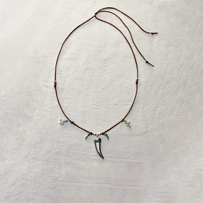 ensage-tokyo-fang-of-the-wild-necklace-large-925-sterling-silver-fang-pendant-turquoise-inlay-beaded-leather-cord