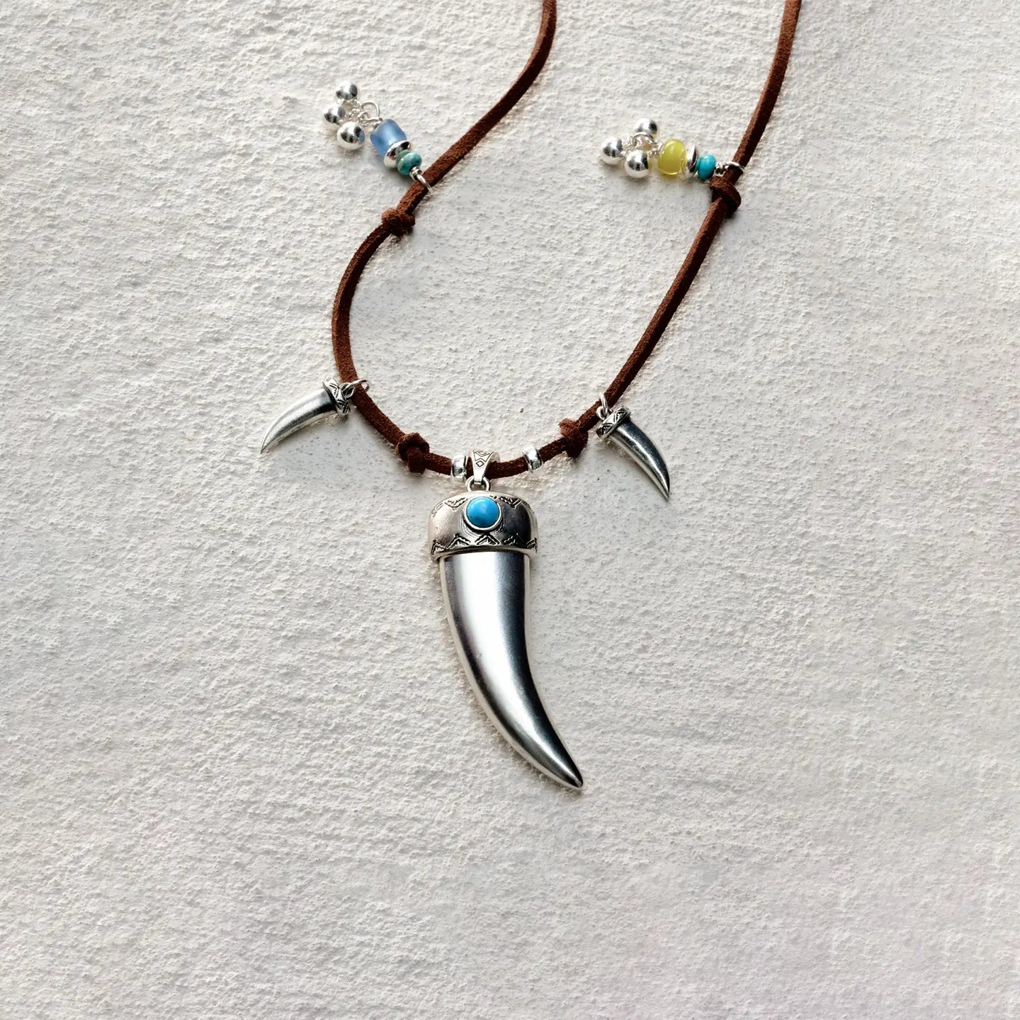 ensage-tokyo-fang-of-the-wild-necklace-large-925-sterling-silver-fang-pendant-turquoise-inlay-beaded-leather-cord