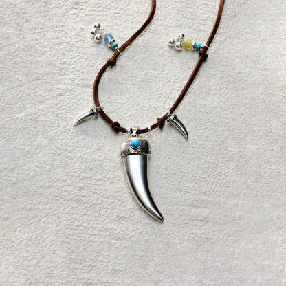 ensage-tokyo-fang-of-the-wild-necklace-large-925-sterling-silver-fang-pendant-turquoise-inlay-beaded-leather-cord