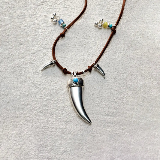 ensage-tokyo-fang-of-the-wild-necklace-large-925-sterling-silver-fang-pendant-turquoise-inlay-beaded-leather-cord