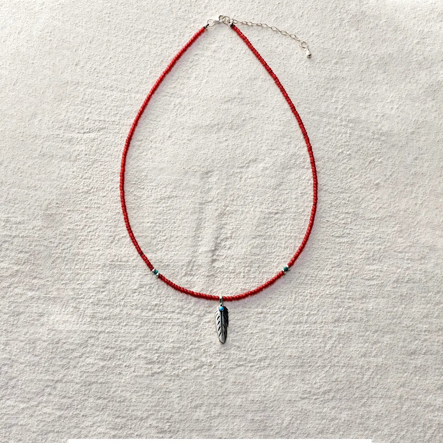 ensage-tokyo-feather-of-windflight-necklace-red-glass-beads-925-sterling-silver-feather-pendant-turquoise-inlay
