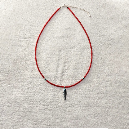 ensage-tokyo-feather-of-windflight-necklace-red-glass-beads-925-sterling-silver-feather-pendant-turquoise-inlay