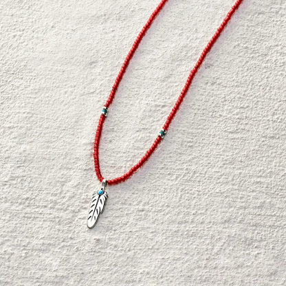 ensage-tokyo-feather-of-windflight-necklace-red-glass-beads-925-sterling-silver-feather-pendant-turquoise-inlay