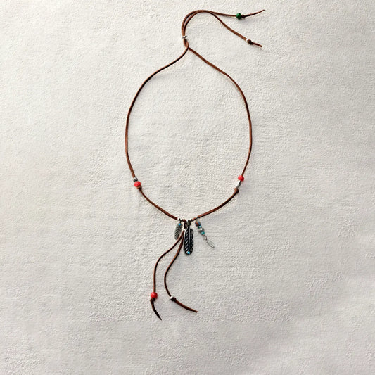 ensage-tokyo-feather-talisman-necklace-brown-leather-cord-925-silver-feather-pendant-turquoise-red-beads