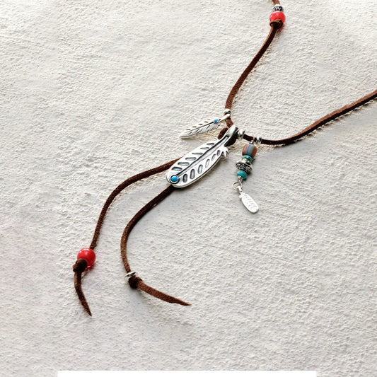 ensage-tokyo-feather-talisman-necklace-brown-leather-cord-925-silver-feather-pendant-turquoise-red-beads