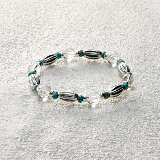 ensage-tokyo-navajo-style-bracelet-925-sterling-silver-fluted-beads-natural-turquoise-rock-crystal-jewelry