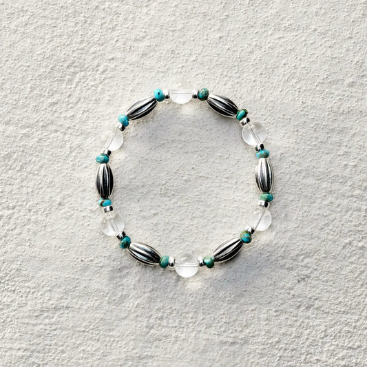 ensage-tokyo-navajo-style-bracelet-925-sterling-silver-fluted-beads-natural-turquoise-rock-crystal-jewelry