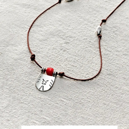 ensage-tokyo-seal-of-sunset-necklace-925-sterling-silver-engraved-shield-pendant-red-glass-bead-brown-wax-cord
