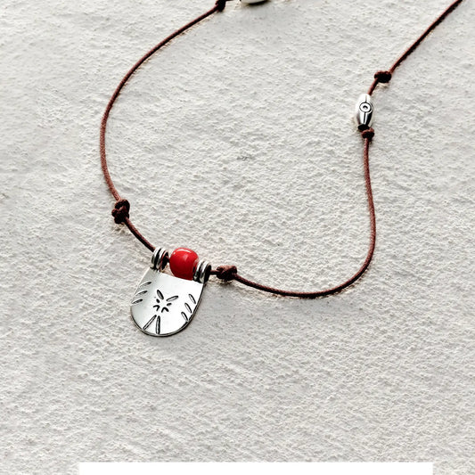 ensage-tokyo-seal-of-sunset-necklace-925-sterling-silver-engraved-shield-pendant-red-glass-bead-brown-wax-cord
