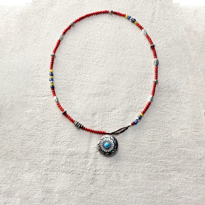 ensage-tokyo-solar-disc-necklace-925-sterling-silver-radial-sun-pendant-turquoise-center-red-beaded-strand