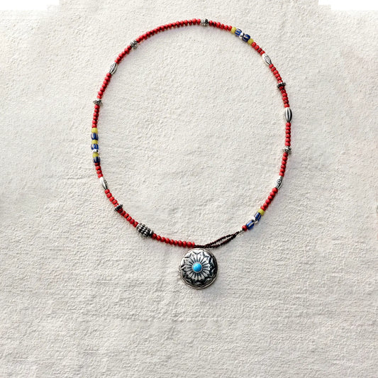ensage-tokyo-solar-disc-necklace-925-sterling-silver-radial-sun-pendant-turquoise-center-red-beaded-strand