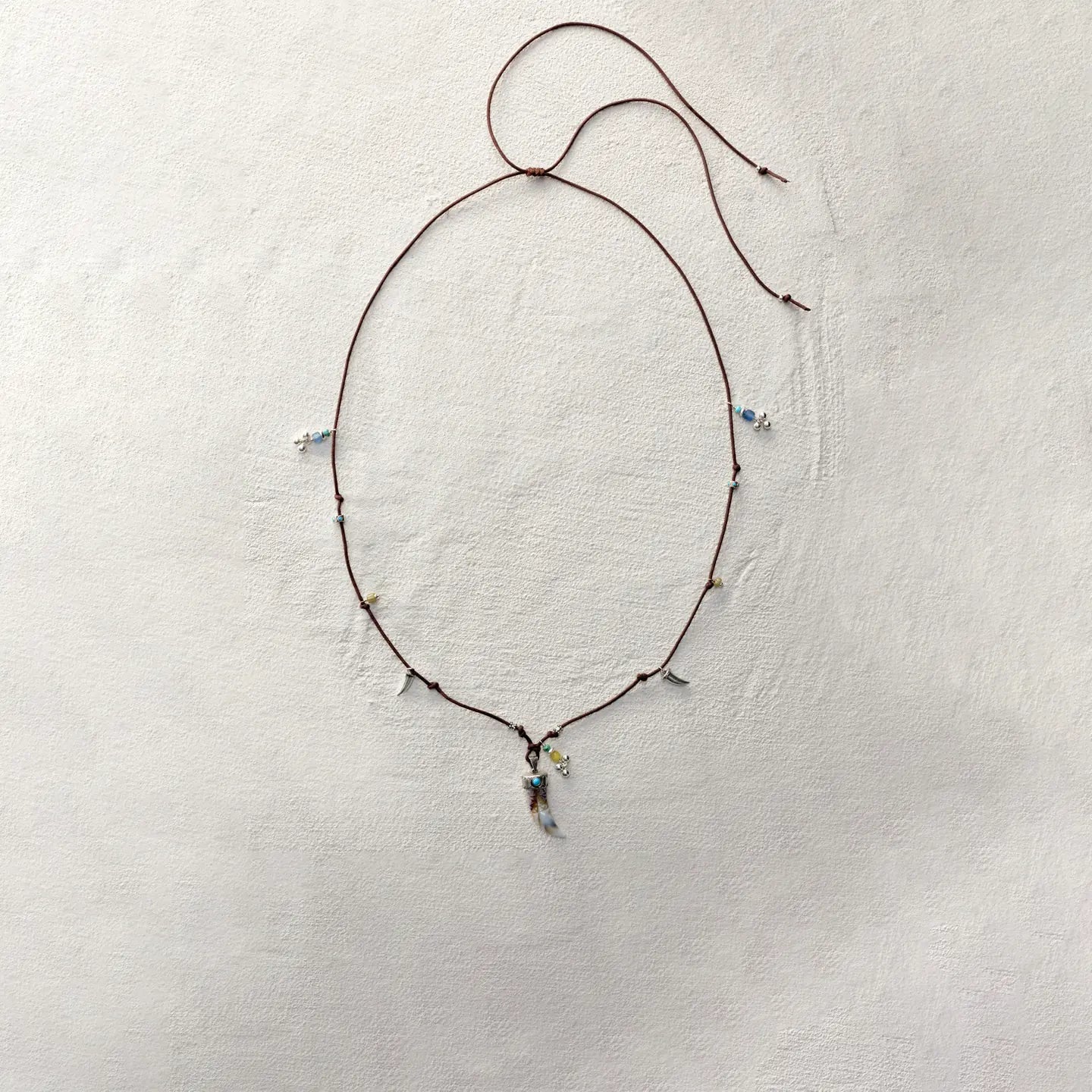 ensage-tokyo-spirited-horn-necklace-925-sterling-silver-engraved-cap-natural-horn-pendant-turquoise-inlay-beaded-wax-cord