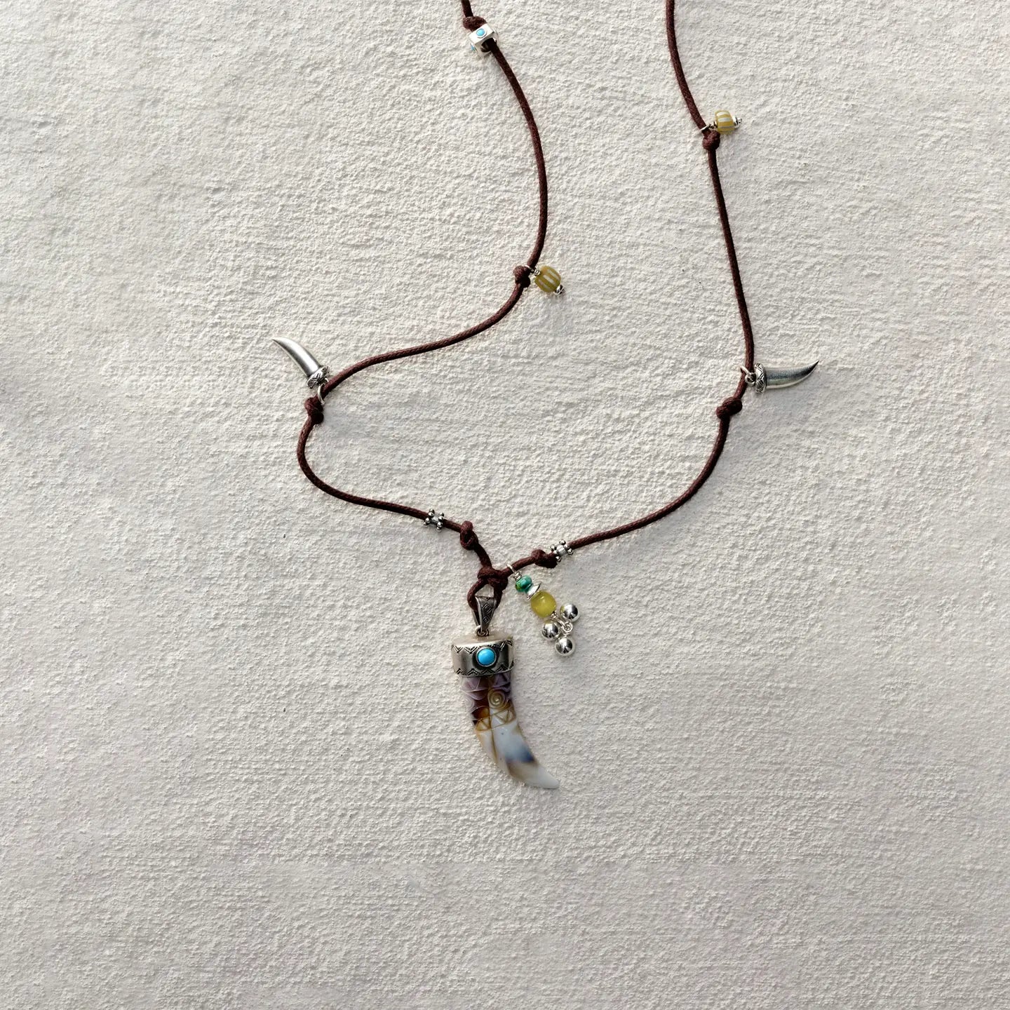 ensage-tokyo-spirited-horn-necklace-925-sterling-silver-engraved-cap-natural-horn-pendant-turquoise-inlay-beaded-wax-cord