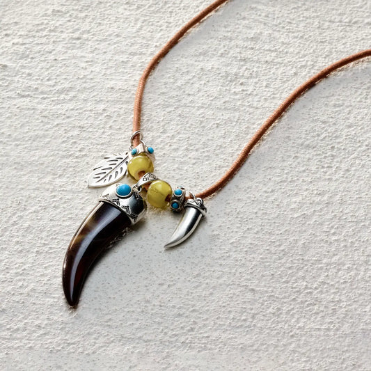 ensage-tokyo-talisman-spirit-horn-necklace-natural-horn-pendant-silver-leaf-mini-horn-charms-yellow-glass-beads