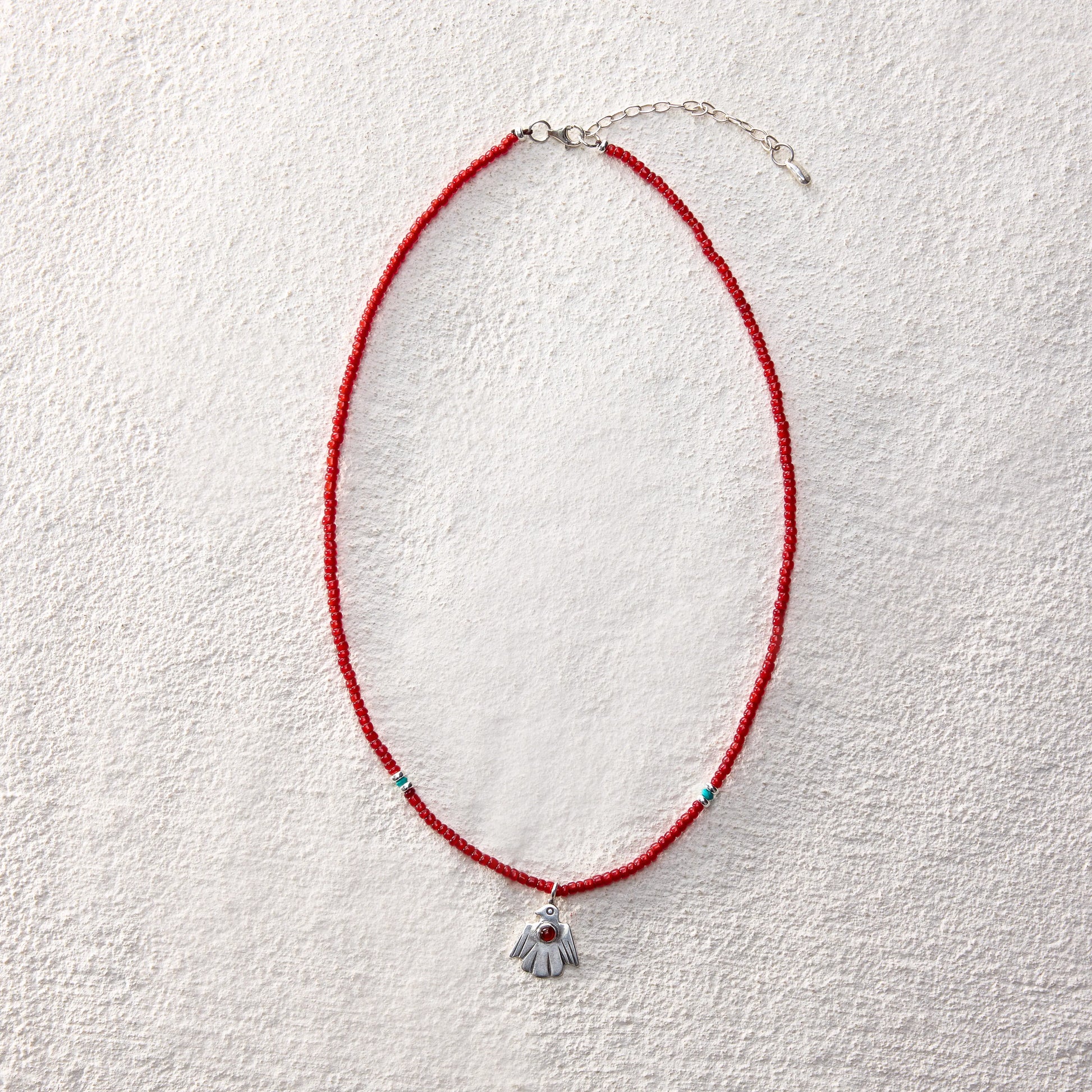 ensage-tokyo-thunderbird-necklace-925-sterling-silver-bird-pendant-red-agate-inlay-red-glass-beads