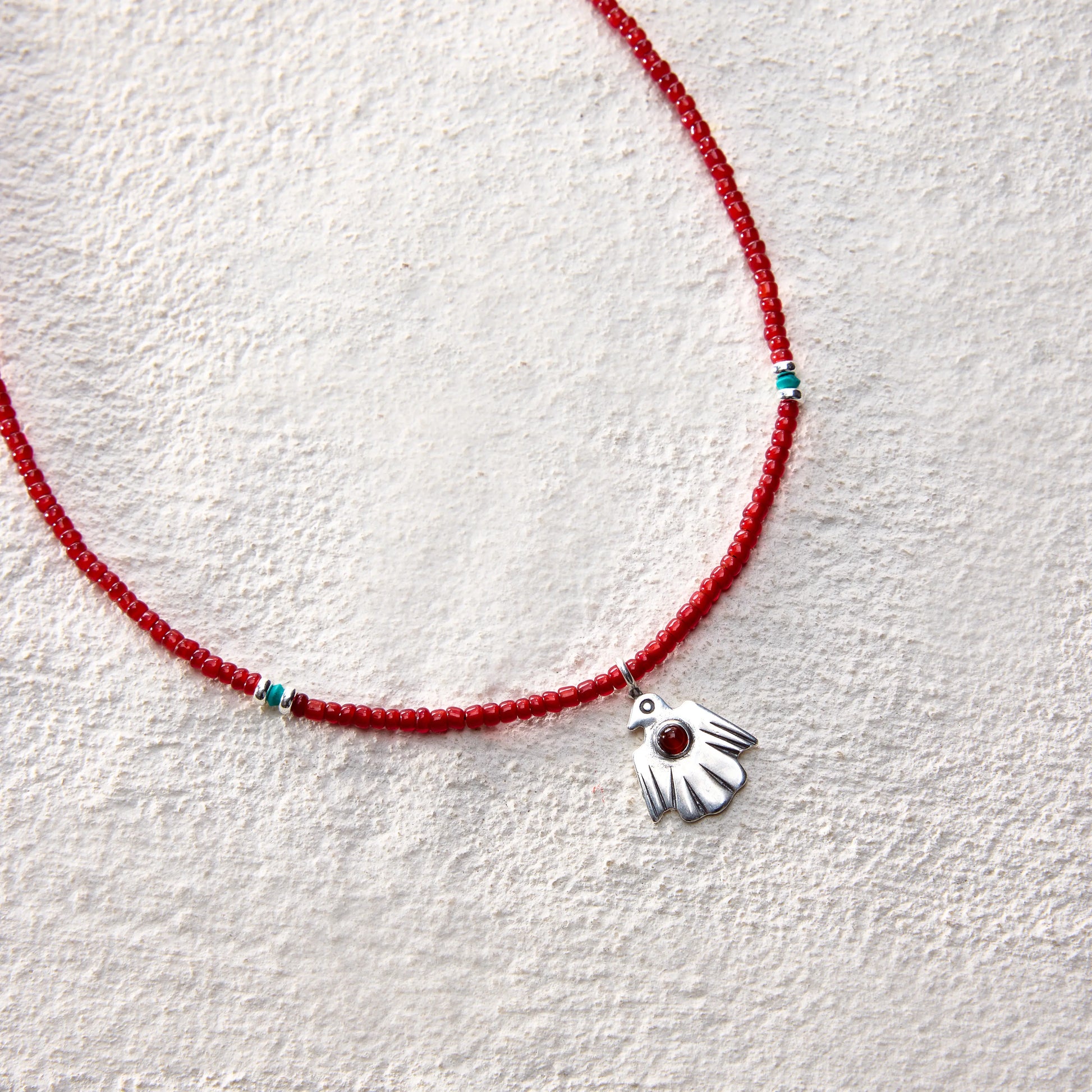 ensage-tokyo-thunderbird-necklace-925-sterling-silver-bird-pendant-red-agate-inlay-red-glass-beads