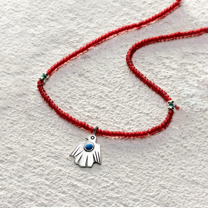 ensage-tokyo-thunderbird-necklace-925-sterling-silver-bird-pendant-red-glass-beads-turquoise-inlay