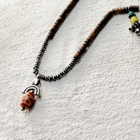 ensage-tokyo-trace-of-the-sun-necklace-white-shell-tiger-eye-oxidized-silver-agate-pendant-turquoise-charm