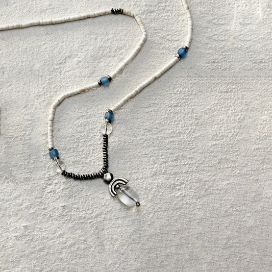 ensage-tokyo-trace-of-the-wind-necklace-loulan-ancient-beads-oxidized-silver-clear-quartz-pendant-blue-accents