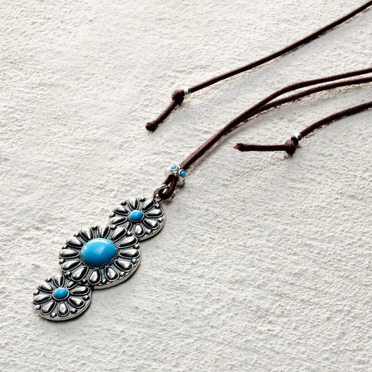ensage-tokyo-trinity-bloom-necklace-oxidized-925-sterling-silver-triple-sunburst-pendant-turquoise-inlay-black-cord