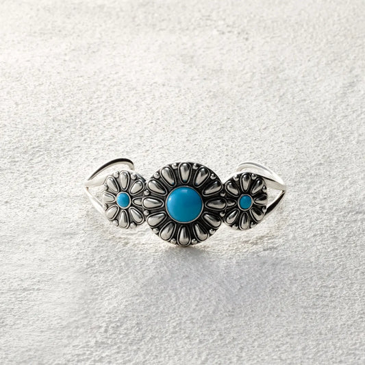 ensage-tokyo-triple-sun-cuff-925-sterling-silver-three-sunflower-motifs-turquoise-inlay