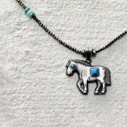 ensage-tokyo-windchaser-necklace-oxidized-925-sterling-silver-horse-pendant-turquoise-white-stone-beads