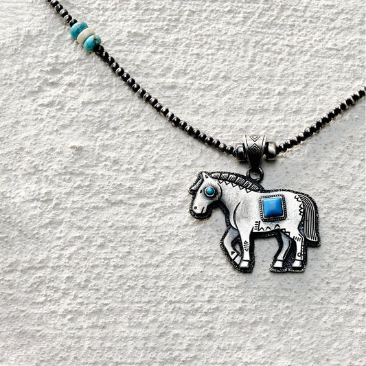 ensage-tokyo-windchaser-necklace-oxidized-925-sterling-silver-horse-pendant-turquoise-white-stone-beads